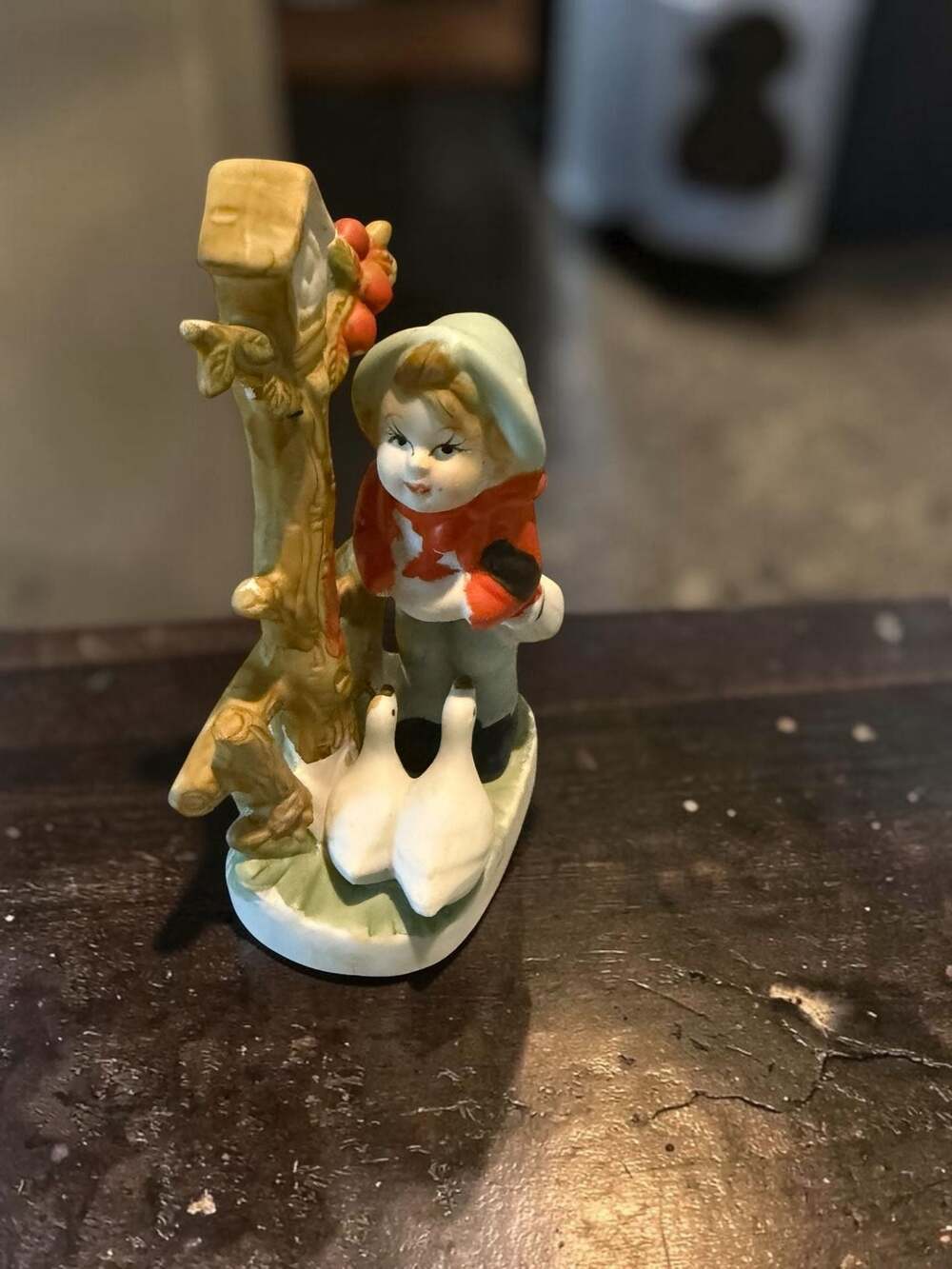 Vintage Porcelain Figurine Child with Geese and Birdhouse